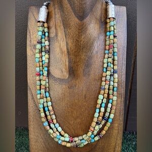 Sterling Silver Multi Strand Stone Blue Green Turquoise Nuggets Bead Necklace 24